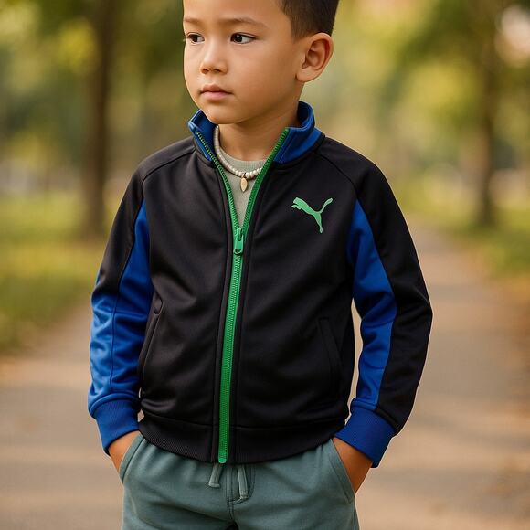 Puma Boys Jacket Size 4 Black Blue Green Zip Front Track Style NEW - Picture 1 of 8